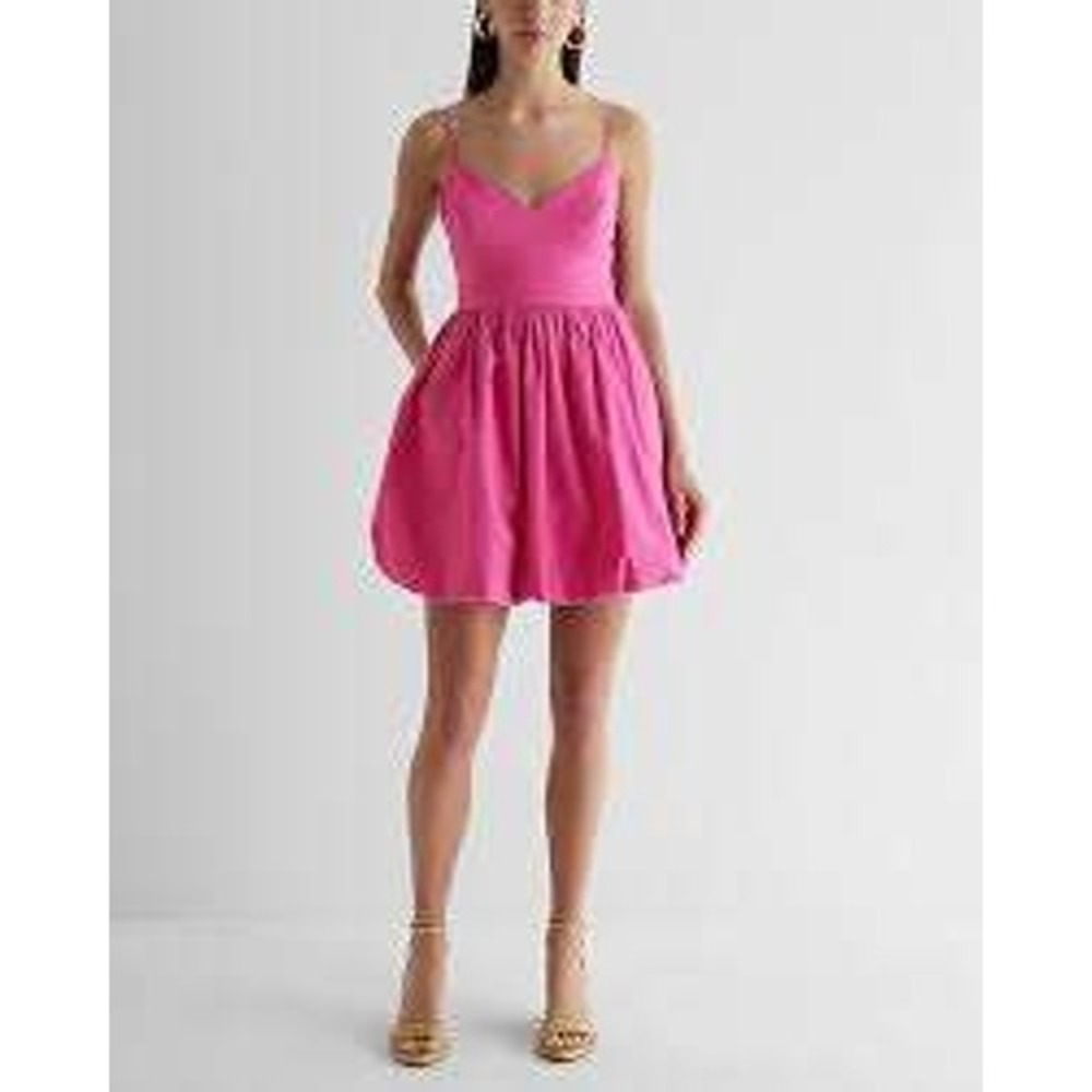 Hot Pink Bubble Hem Dress Spaghetti Strap‎ V Neck A Line Mini Fun Flirty size